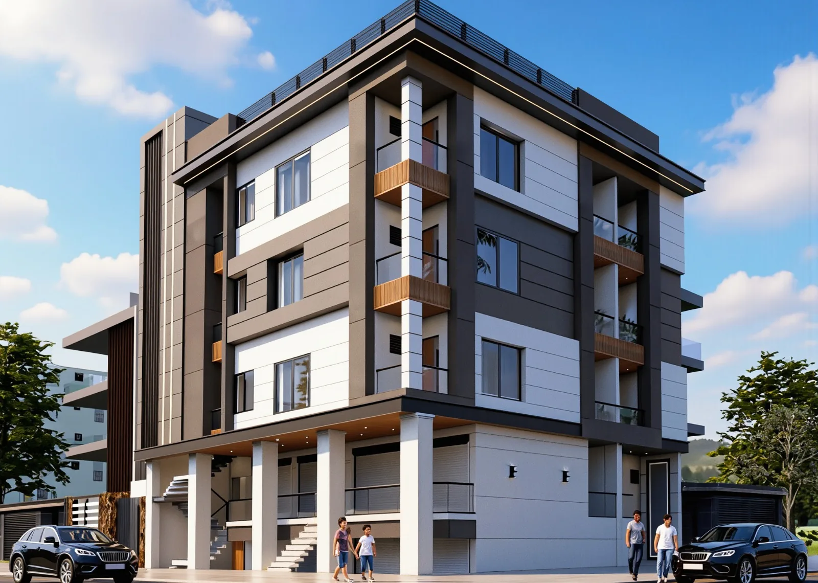 Corner view of Candlesun, a four-storey building with a grey and white façade, timber-clad balconies and shops at street level