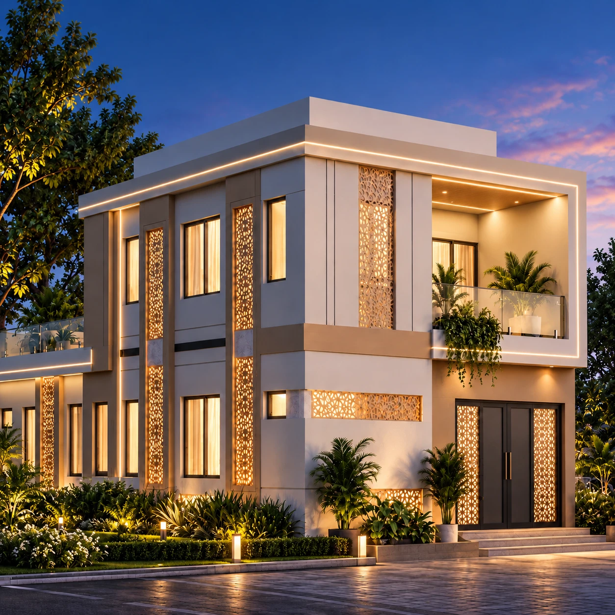 Evening view of a Shivalik Villas home, with lit jaali screens, a planted glass balcony and a landscaped entrance