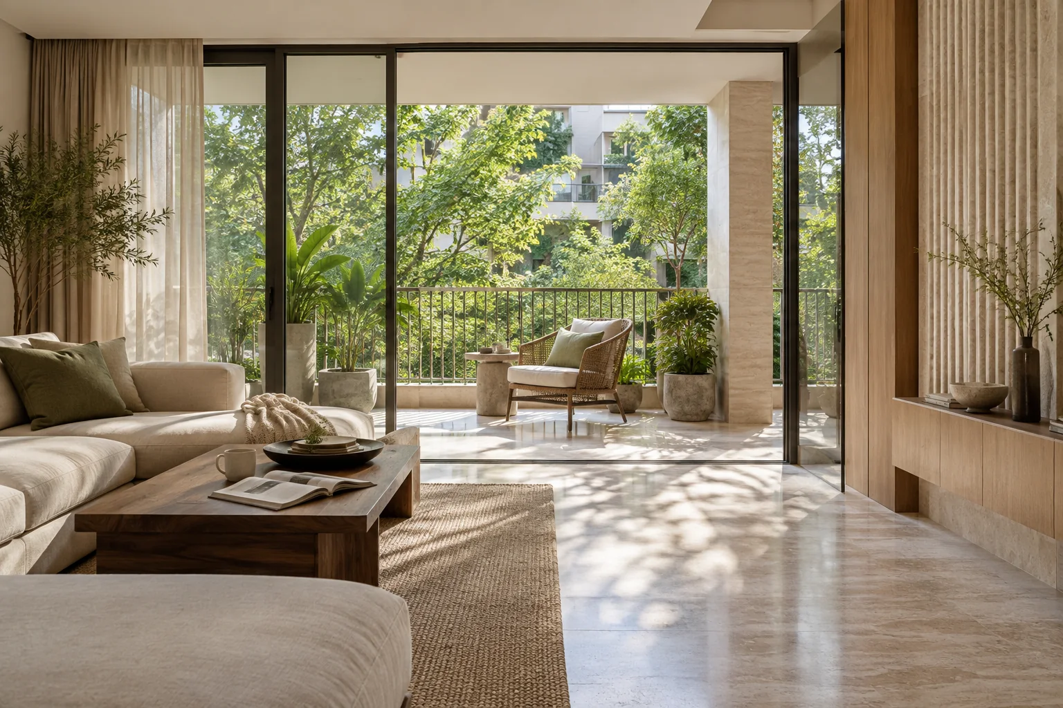 Refined apartment living room framed by natural stone, with a sunlit planted balcony