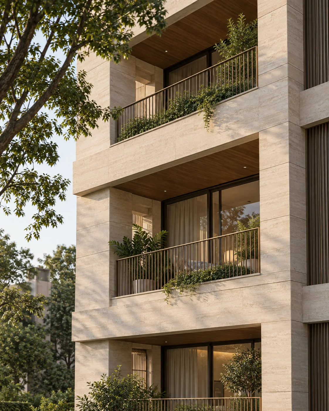 Limestone façade and recessed balconies of modern residential architecture